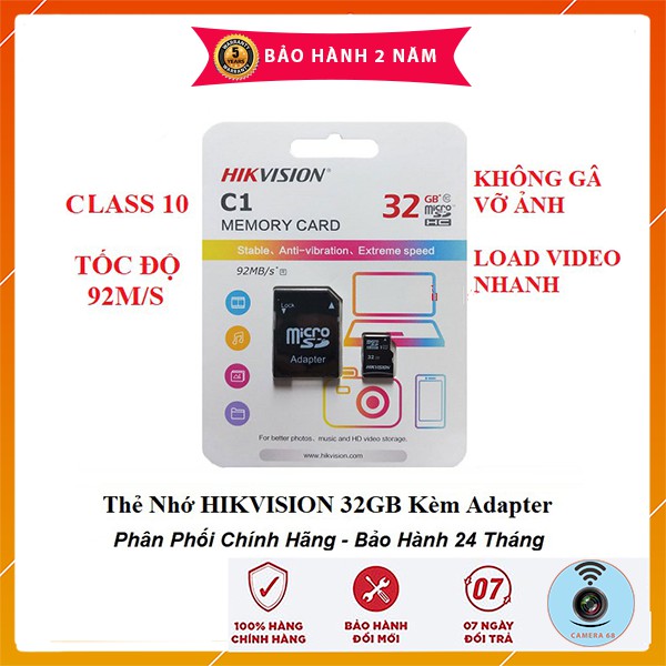 Thẻ Nhớ 32G HIKVISION CLASS 10 Chất Lượng Cao Kèm Adapter - Chính Hãng - BẢO HÀNH 24 THÁNG
