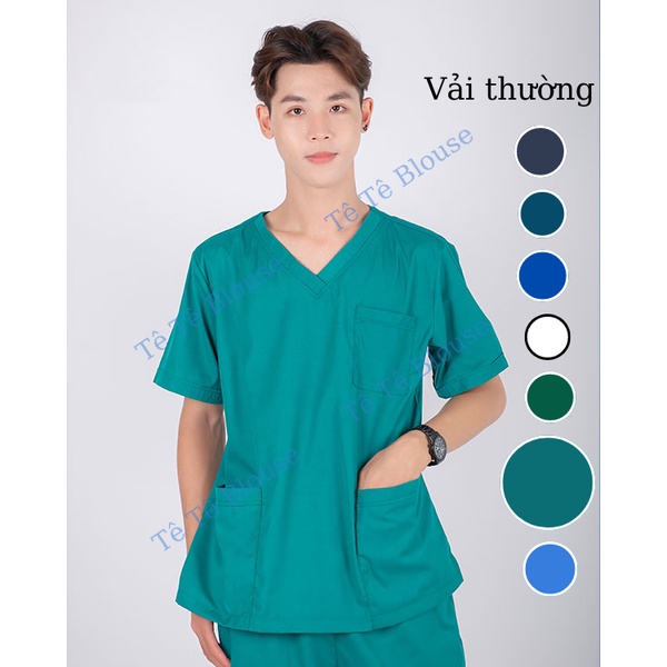 Bộ SCRUBS cổ tim phòng mổ, đồng phục phẫu thuật, Spa, phòng khám, Bác Sĩ, màu XANH NGỌC LÝ vải Thun Cao cấp và thường