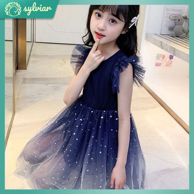 Đầm Công Chúa Tay Phồng Phối Lưới Màu Gradient In Họa Tiết Lấp Lánh Thời Trang Cho Bé Gái