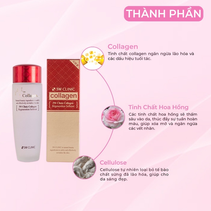 Nước hoa hồng dưỡng da săn chắc chống lão hóa tinh chất Collagen 3W CLINIC Hàn Quốc 150ml