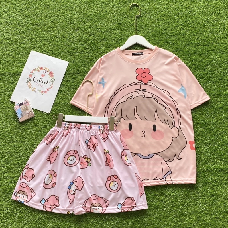 Đồ bộ mặc nhà form rộng unisex in hoạt hình chất thun thoáng mát nguyên set đồ ngủ đồ đi chơi