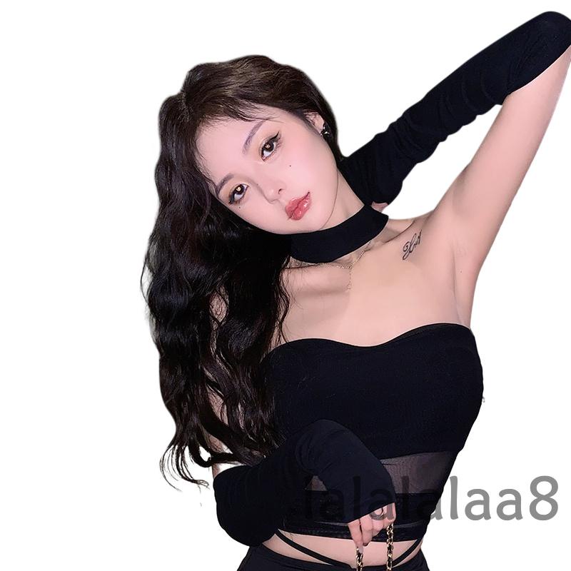 LAA8-Women´s Halter Tank Tops, Sleeveless Solid Color Mesh Shirt + Long Arm Sleeves Set