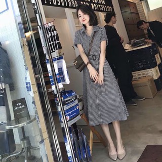Đầm váy sơ mi caro kẻ đen kèm belt