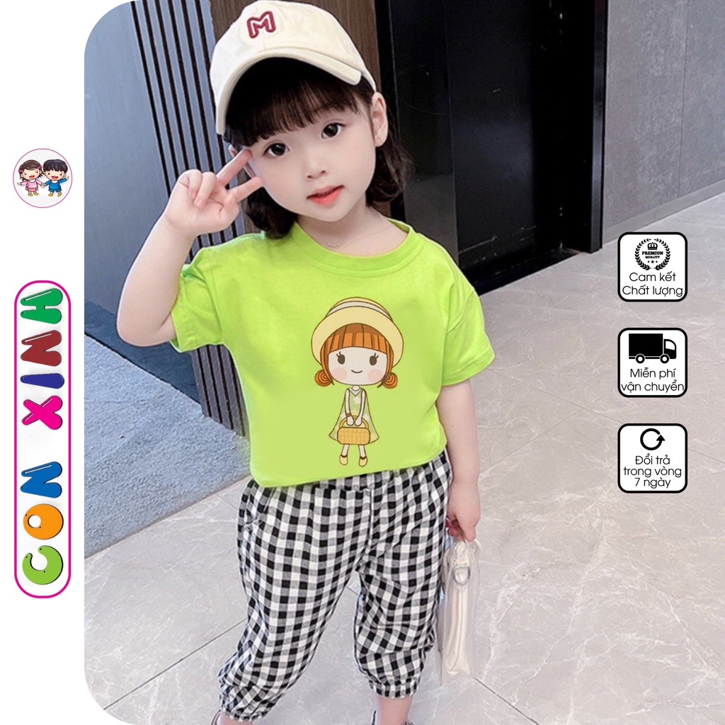 Đồ bộ bé gái Con Xinh Áo thun cotton búp bê Chibi phối quần dài caro, quần áo dành cho bé gái từ 13 đến 30kg