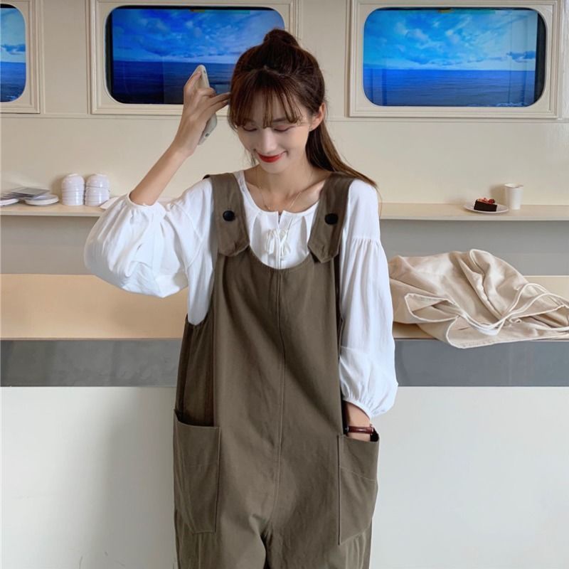 [Hàng Có Sẵn Bán Chạy]~2022 Quần Yếm Ống Rộng Mùa Xuân Thu Phong Cách Hàn Quốc Giản Dị Dành Cho Nữ Sinh