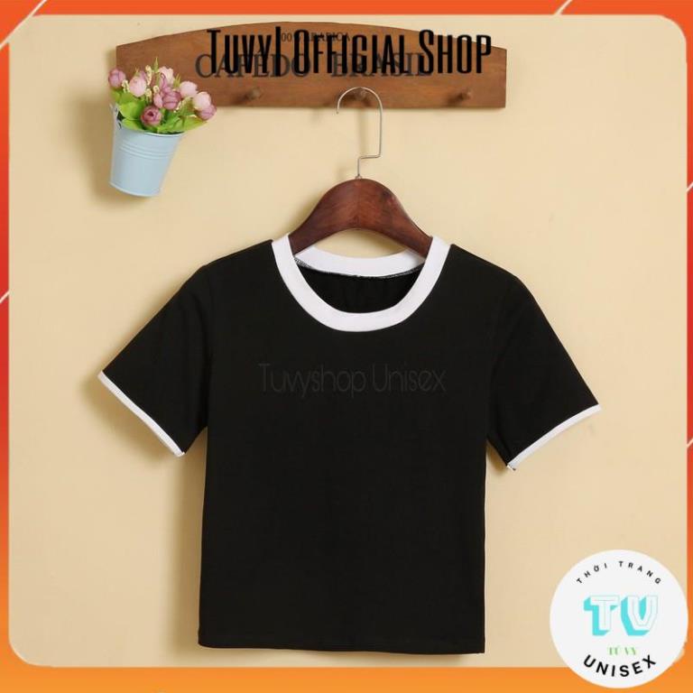 Áo thun nữ TUVYSHOP Áo Croptop Tay Ngắn Dáng Ôm Phối Viền Cổ 2 Màu Đen Trắng size S-XL