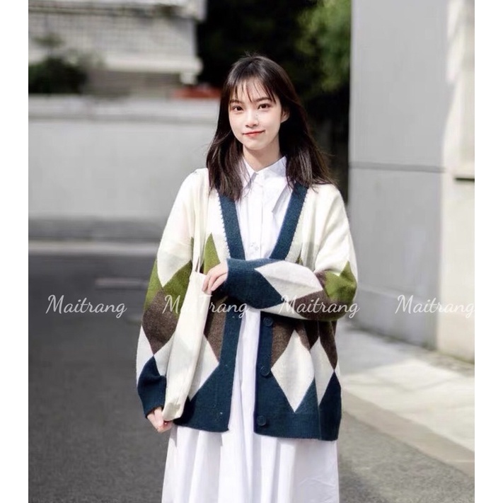 Áo cardigan len nữ tay dài dáng rộng họa tiết quả trám ulzzang hàn quốc – (TTA17)