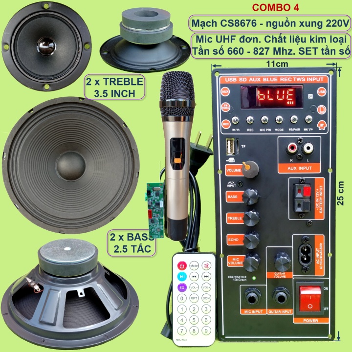 Mạch loa kéo 2.5 tấc đôi CS8676 60W – 120W có nguồn xung 220V kèm Micro đơn hoặc Micro đôi – Bluetooth Karaoke Guitar đi