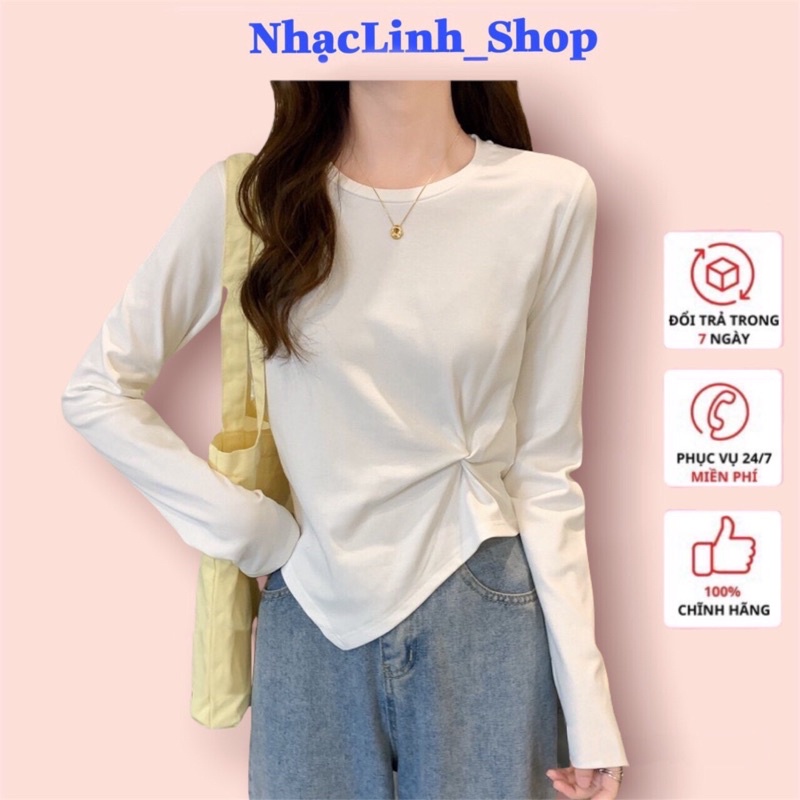 Áo Phông Dài Tay Nhún Eo Chất Cotton Mềm Mại Cho Nữ Phong Cách Trẻ Trung