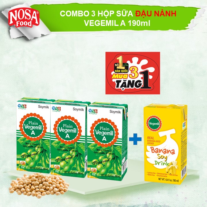 Combo 3 Hộp Sữa Đậu Nành Vegemil 190ml Tặng 1 Hộp Sữa Đậu Nành Hương Vị Chuối Vegemil 190ml