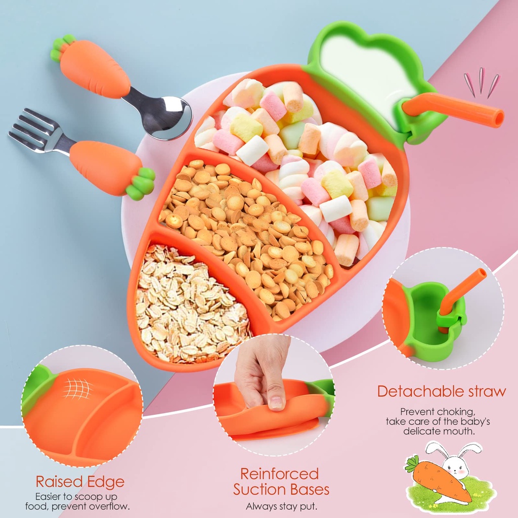Đĩa ăn dặm cho bé set Silicon hình cà rốt Đế chống trượt loại 4 ngăn và đĩa Đi kèm với Yếm silicon, muỗng nĩa cầm ngắn inox 304, Ống hút / Bộ 6 chiếc