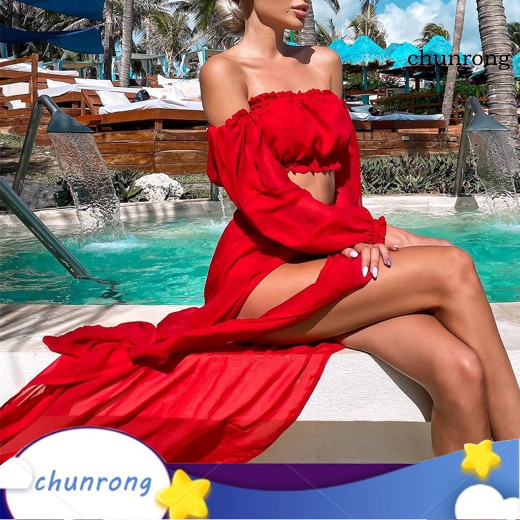 Bộ Trang Phục 2 Mảnh Gồm Áo Hở Vai Và Chân Váy Dài Xẻ Tà Quyến Rũ Thời Trang Đi Biển Cho Nữ