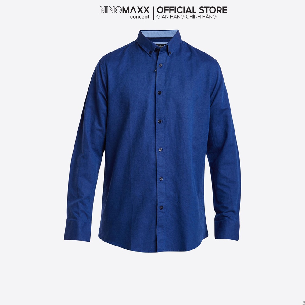 Ninomaxx Áo Sơ Mi Nam tay dài màu xanh dương dáng regular fit vải lanh pha cotton 1902028