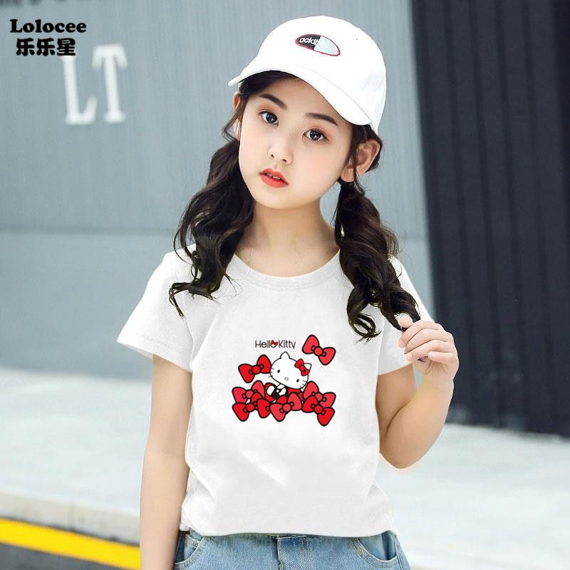 HELLO KITTY Áo Thun Tay Ngắn In Hình Mèo Dễ Thương Cho Bé Gái