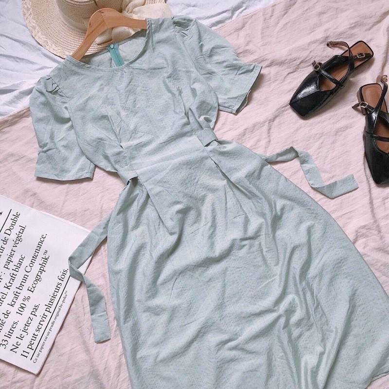 Đầm xanh tay phồng cột eo ( ảnh thật sàn)