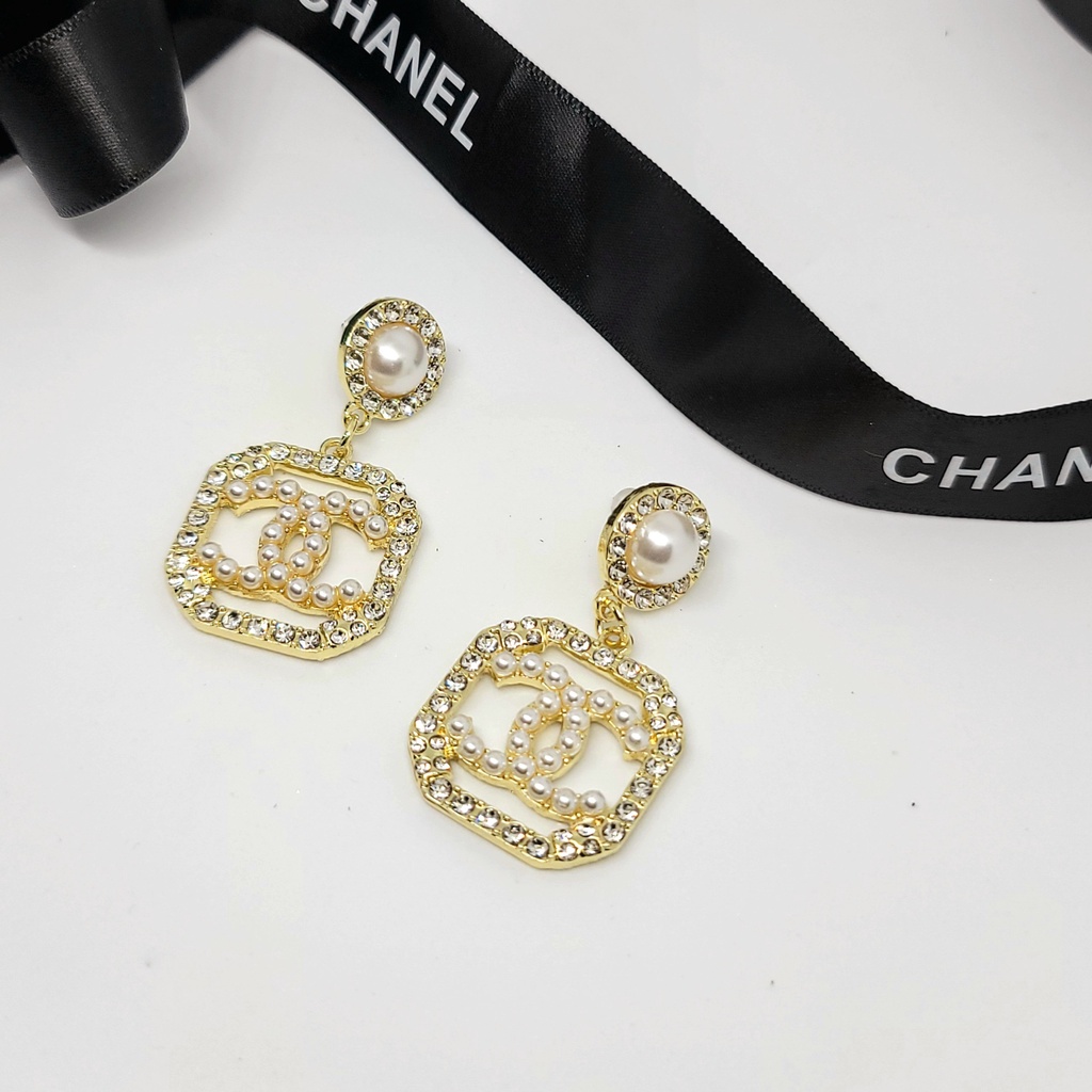 Bông tai nữ thương hiệu CC Cha.nel ngọc trai nhân tạo thả dài sang chảnh TB466