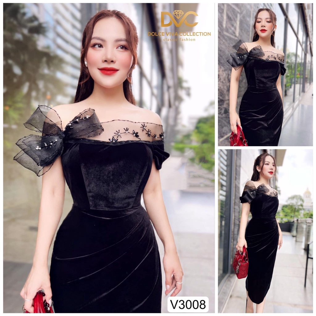 Váy dự tiệc thiết kế màu đen chất nhung cao cấp phối ren ngực V3008- DVC