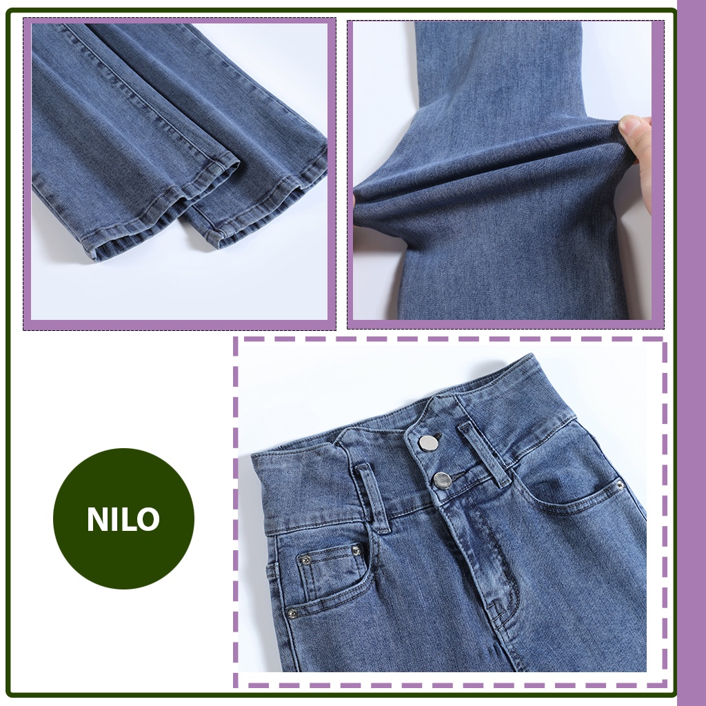 Quần Jean Nữ Ống Rộng Cạp Cao NILO quần Bò ống Loe lưng cao Co Dãn Hai Màu Đen Xanh Phong Cách Giản Dị