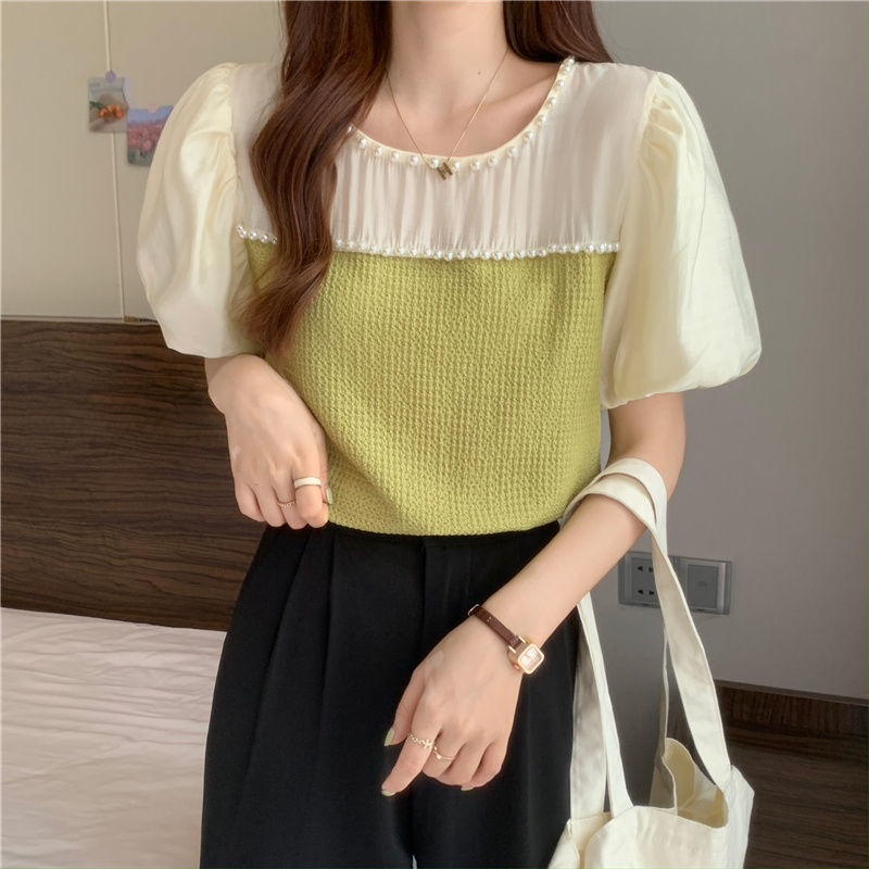 Áo Kiểu Tay Phồng Phối Lưới Đính Ngọc Trai Thiết Kế Mới Thời Trang Mùa Hè Cho Nữ