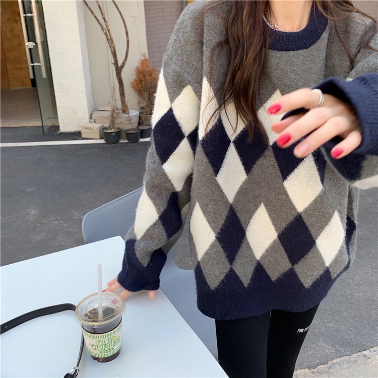 Áo Sweater Dệt Kim Tay Dài Kẻ Sọc Màu Sắc Tương Phản Kiểu Retro Hàn Quốc