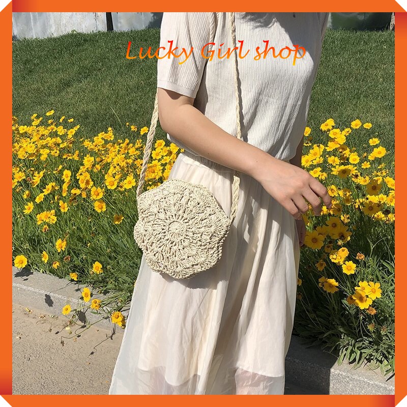 Túi Cói Đeo Chéo Handmade Hoa Mai Xinh Xắn Đường Kính 20cm - Lucky Girl shop