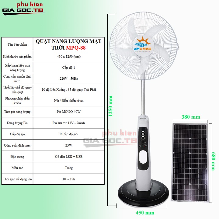 Quạt tích điện năng lượng mặt trời MPQ88 - Sử dụng 12h mà không lo tốn điện [Bảo Hành 12 tháng 1 đổi 1]