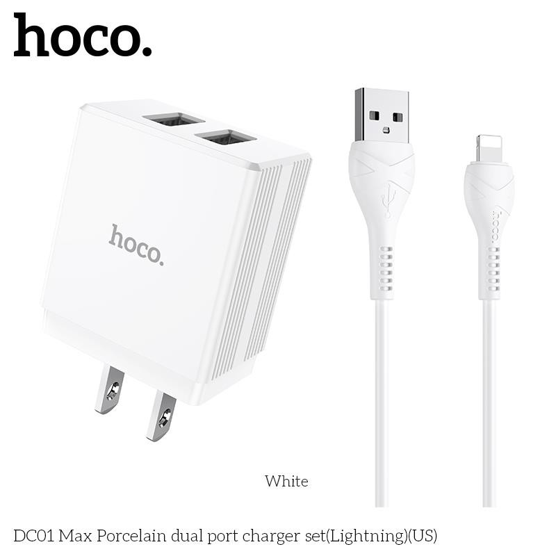 Bộ củ cáp sạc Hoco DC01 Max Lightning 2 cổng sạc nhanh 2.4A mạch chống quá tải, dây sạc iphone.