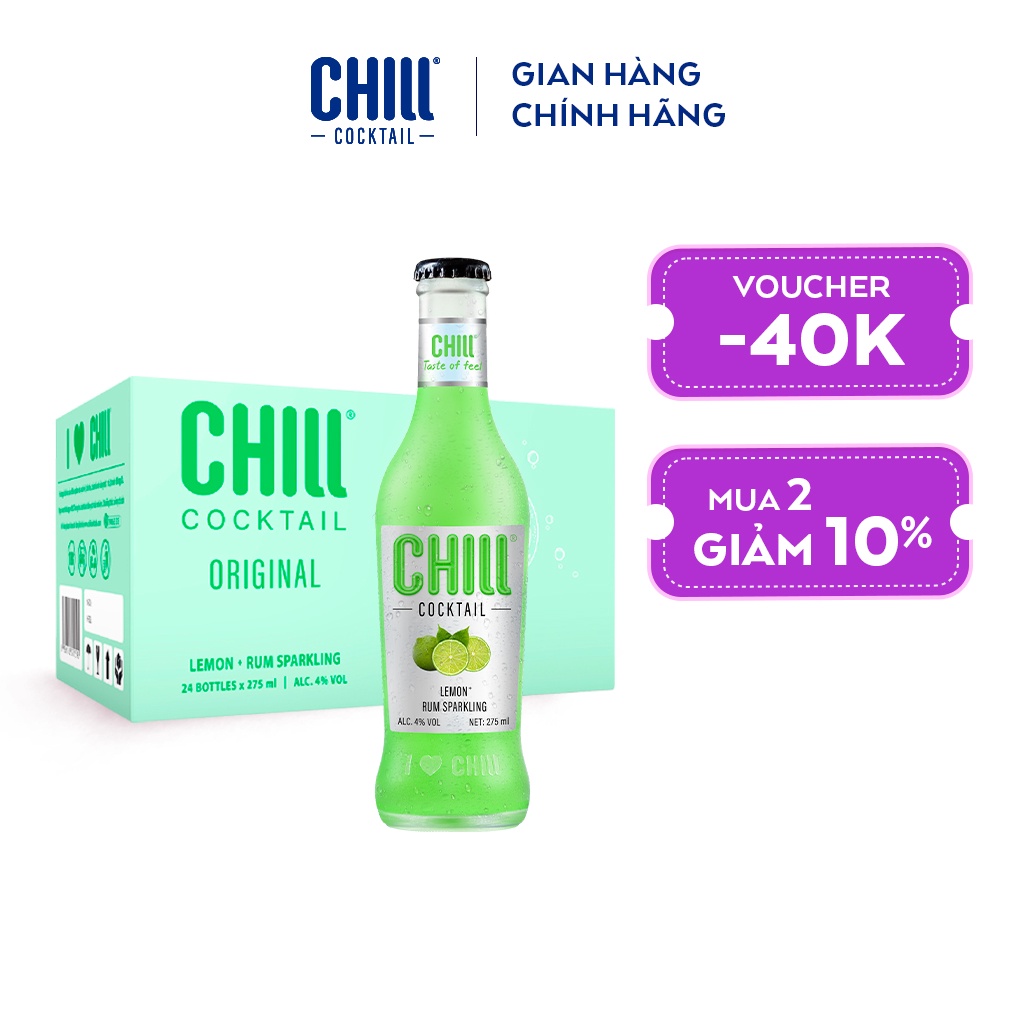 Thùng 24 chai Chill Cocktail vị Lemon Rum Sparkling 275ml/chai