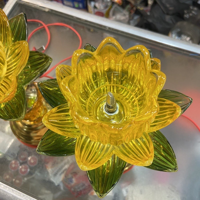 Giao Nhanh Đèn thờ cúng led pha lê cao cấp, Đèn thờ hoa sen pha lê dùng điện cao 20cm
