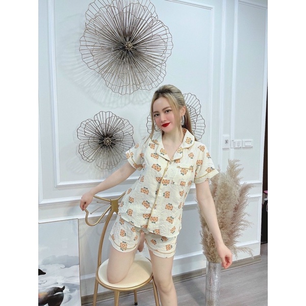 Bộ pijamas chất đũi hoạ tiết nhiều hình mặc nhà, Đồ ngủ xinh quần đùi áo cộc mặc mát cho mùa hè