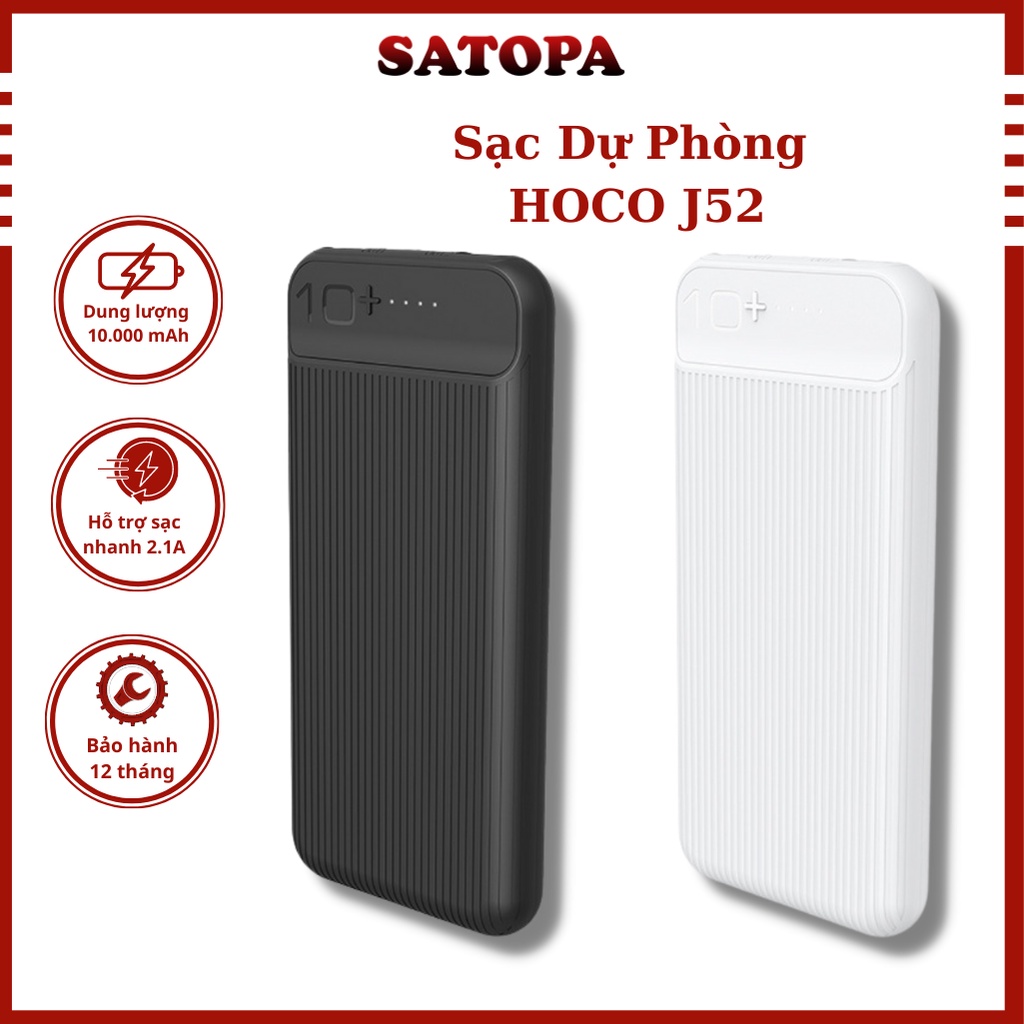 Pin sạc dự phòng Hoco J52, Pin dự phòng 10000mah chính hãng nhỏ gọn hỗ trợ sạc nhanh 2A dùng cho iphone samsung - SATOPA