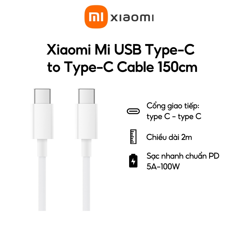 Dây cáp sạc XIAOMI USB Type-C to Type-C Cable 150cm (Trắng)- Hàng chính hãng- BH 6 tháng