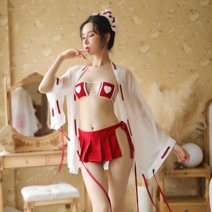 Cosplay sexy nữ y tá fullset áo choàng xuyên thấu chân váy thắt nơ bra trái tim dễ thương | BigBuy360 - bigbuy360.vn