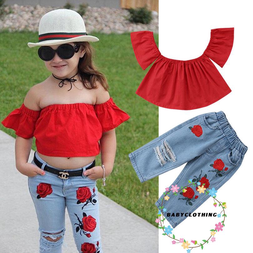 Bộ trang phục áo + quần jean in hoa dễ thương cho bé gái