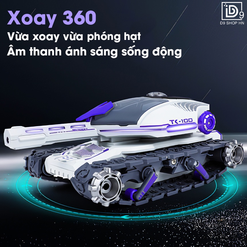 Xe tăng điều khiển 2.4G có đèn và nhạc, Đồng hồ cảm biến, Xoay 306 độ, Tặng đầy đủ phụ kiện, D9 Shop