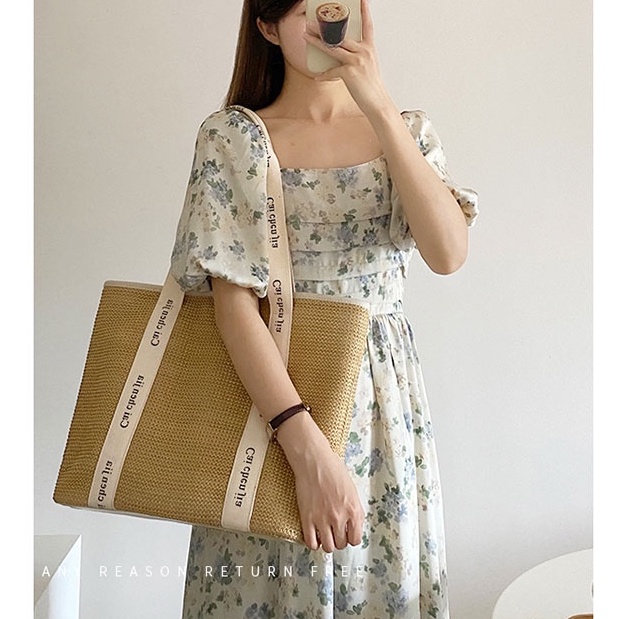 Túi Tote Poly hình chữ nhật - Dây sọc trắng in chữ ( Mẫu mới)