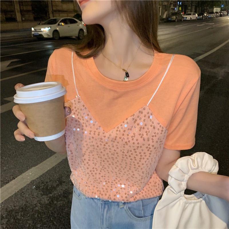 Áo Thun Tay Ngắn Cổ Tròn Đính Kim Sa Lấp Lánh Thời Trang Hàn Quốc Cá Tính