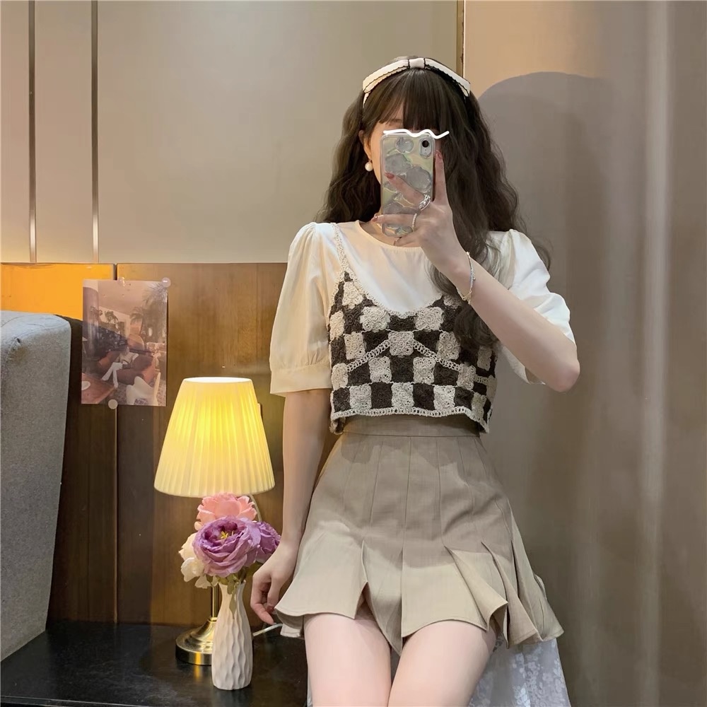 MS573 Áo hai dây len đan móc kẻ cảo đi biển, mix váy áo