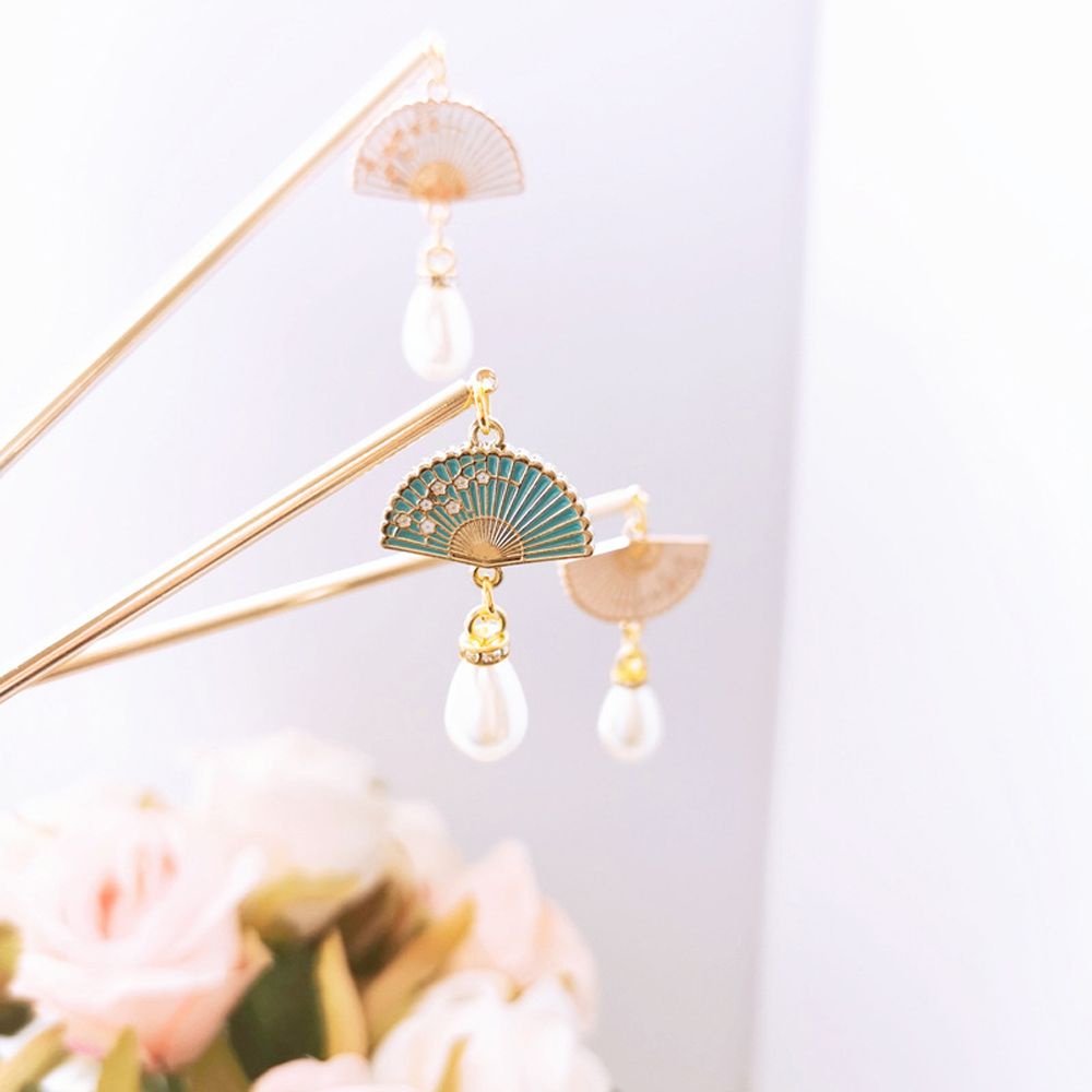 Trâm cài tóc hình quạt đính ngọc trai nhân tạo phong cách Trung Hoa cổ điển cho nữ