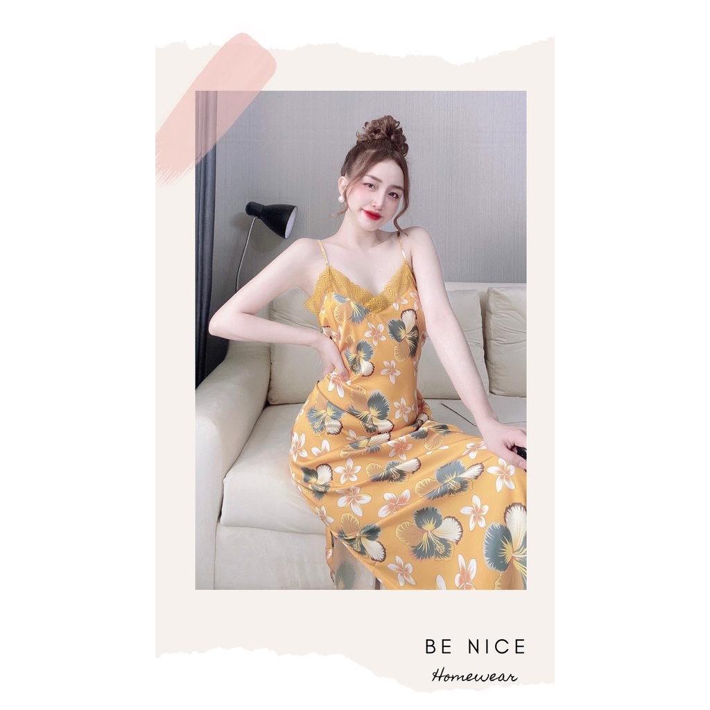 Váy lụa dây mặc nhà sexy phối ren xẻ hai bên xinh xắn Be Nice Homewear