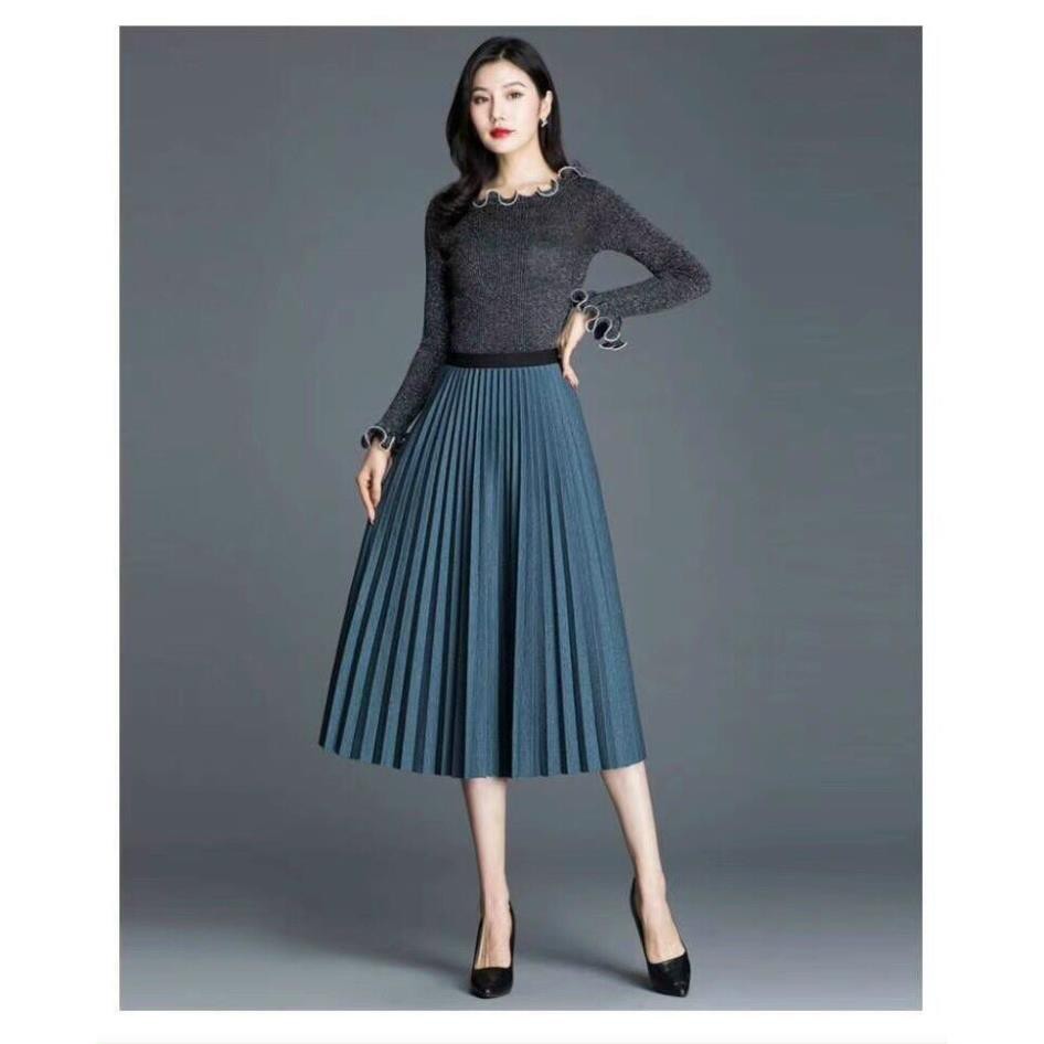 Chân váy dạ xếp ly cạp cao-Chân váy xếp li dạ siêu đẹp hàng qchau cao cấp | BigBuy360 - bigbuy360.vn