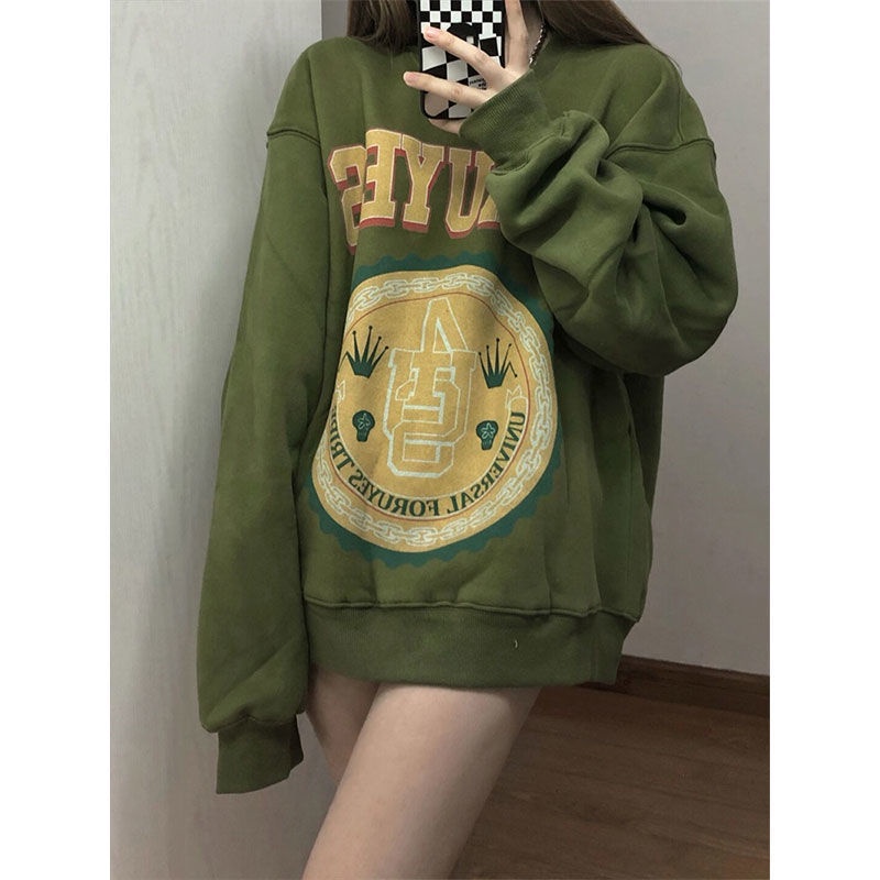 Áo khoác sweatshirt dáng rộng mỏng màu xanh lá cây phong cách retro thời trang | BigBuy360 - bigbuy360.vn