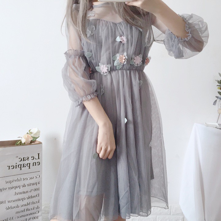 [Có Sẵn] Đầm tiểu thư đính hoa 3D ulzzang #108 | BigBuy360 - bigbuy360.vn