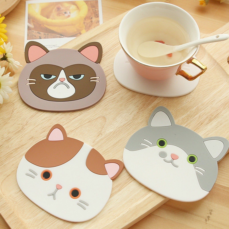 Miếng lót li chống trơn, cách nhiệt chất liệu silicone với họa tiết mặt mèo