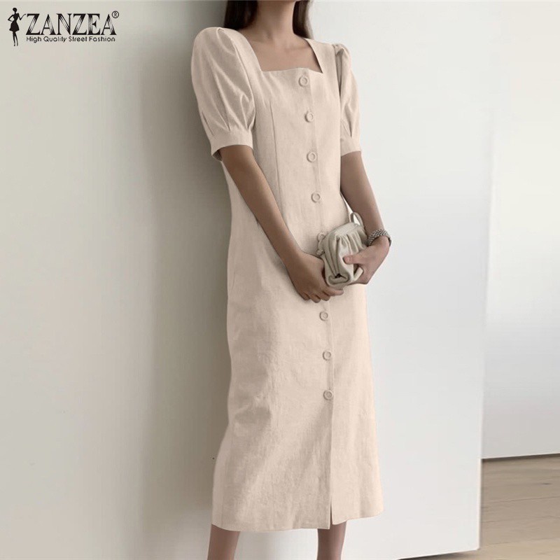 Đầm ZANZEA ôm dáng cổ vuông tay ngắn màu trơn thanh lịch cho bạn gái