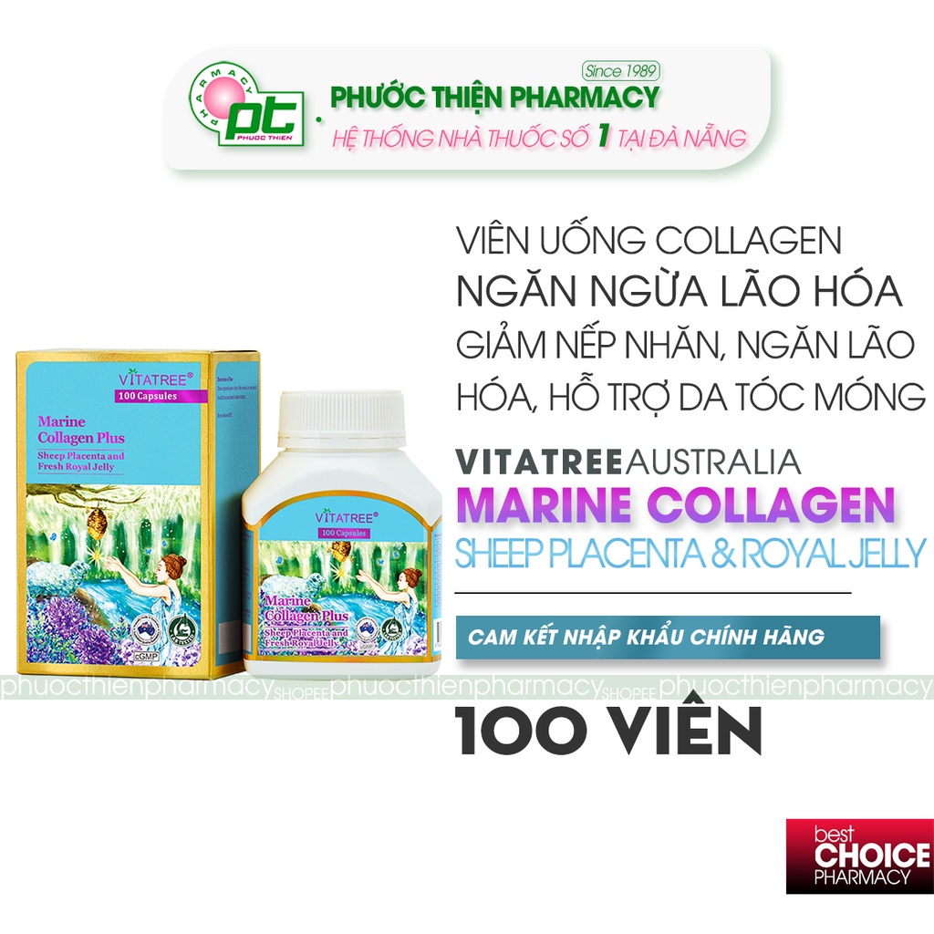 Viên uống đẹp da, ngăn ngừa lão hóa, giảm nếp nhăn Vitatree Marine Collagen Plus Lọ 100 Viên - Collagen dạng viên uống
