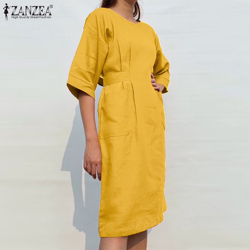 Đầm ZANZEA dáng rộng tay lỡ eo cao phối dây buộc và túi bên hông thời trang cho nữ