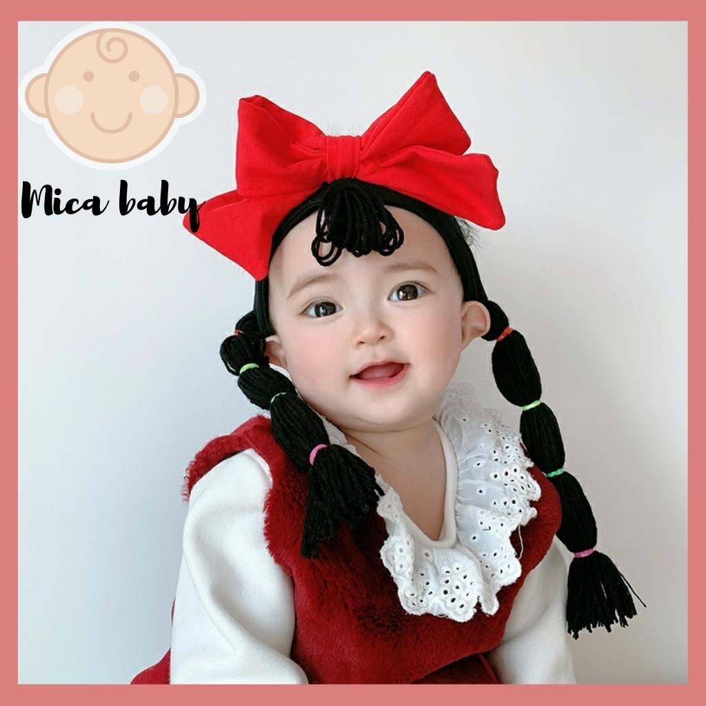 Băng đô, turban tóc giả buộc dài thắt nơ đỏ đáng yêu cho bé Mica baby BD43