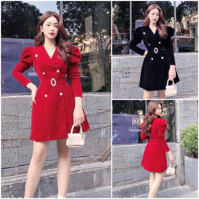 Bán sỉ váy nhung cổ giả vest cực chất phối khuy đen đỏ