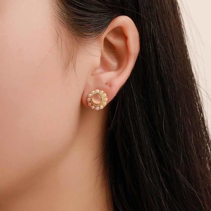 Khuyên tai đính hạt ngọc trai nhân tạo đá mắt mèo giả kiểu Hàn Quốc